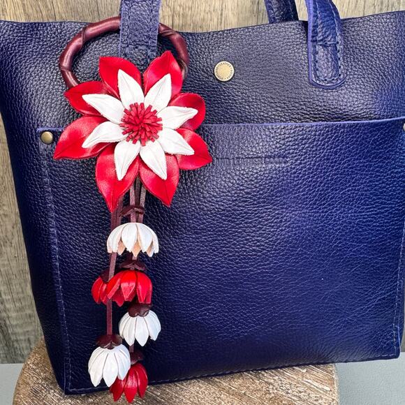 Leather Flower Purse Charm Genuine Leather Poinsettia Bag Charm Red Flower Flair - Picture 1 of 7